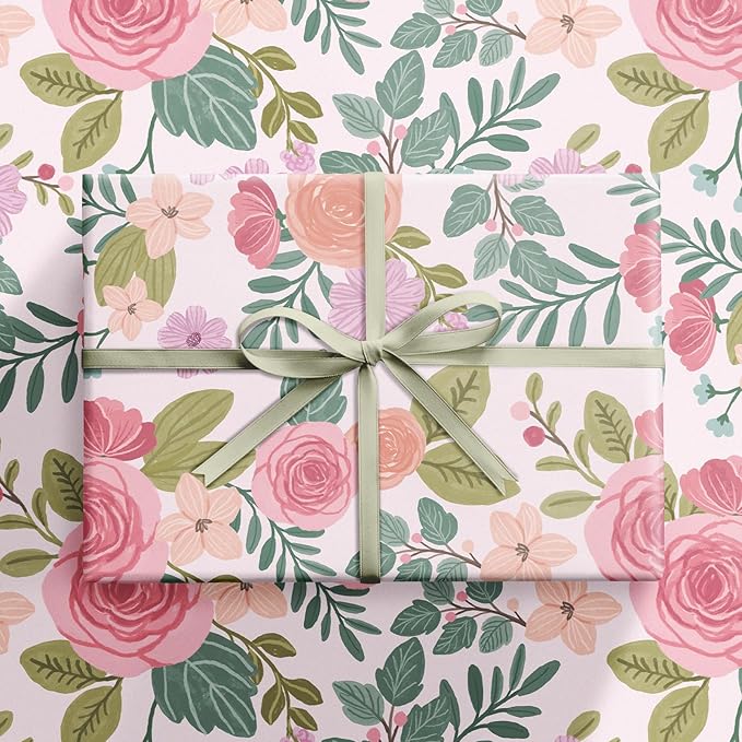 RUSPEPA Floral Wrapping Paper Roll for Women Girls, Mini Roll, Watercolor Pink Rose Gift Wrap, Flower and Foliage Paper for Wedding, Birthday, Mother's Day, Spring, Bridal Shower, 17 Inch X 16.4 Feet