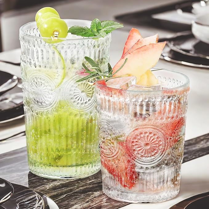 12pcs Vintage Drinking Glasses Set, 12 oz Highball Glasses & 9 oz Embossed Ribbed Glassware Cups for Cocktail, Water, Juice, Coffee, Whiskey (Clear)