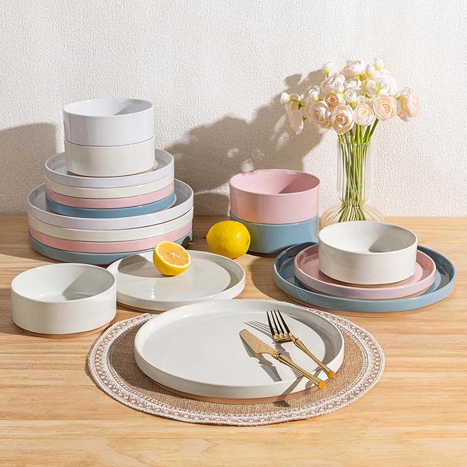 AmorArc Ceramic Dinnerware Set for 8 | Handpainted Stoneware Plates and Bowls with Rustic Terracotta Underside| Scratch Resistant,Dishwasher & Microwave Safe Dishes Sets- 24pcs Colorful