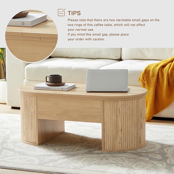 QHITTY Fluted Coffee Table with Lifting Top, Oval Wood Lift Top Coffee Table with Hidden Compartment, Mid Century Pull up Center Tables for Living Room, Office - Natural