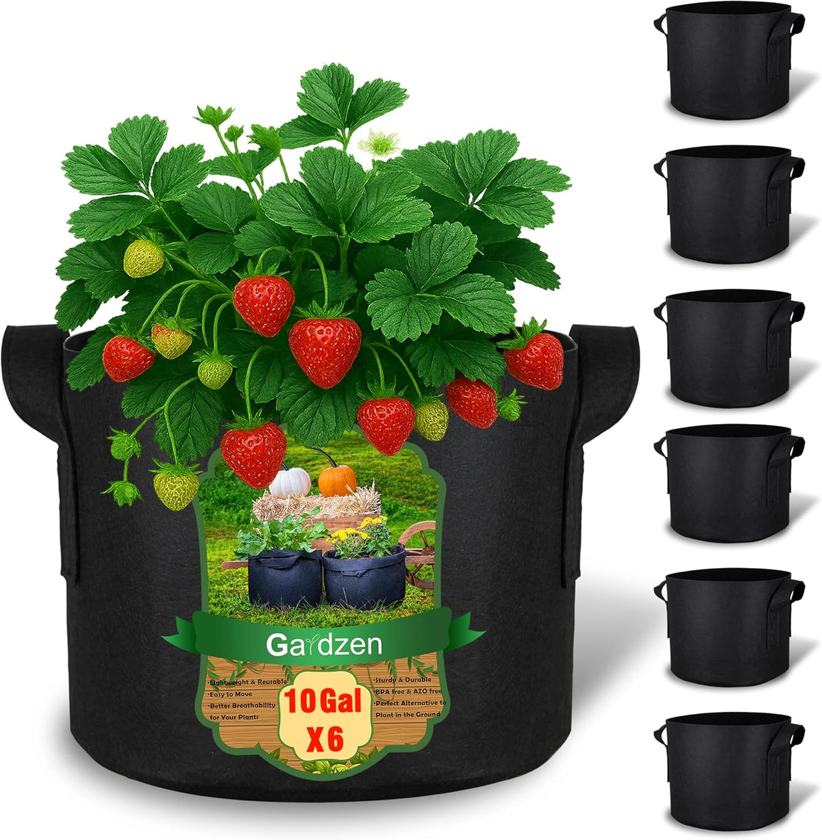 Gardzen 10 Gallon Grow Bags with Waterproof Liner, 500G Thick Nonwoven Fabric Pots, Cuts Watering by 50% in Hot Dry Climates, for Patio Balcony Use (6-Pack)