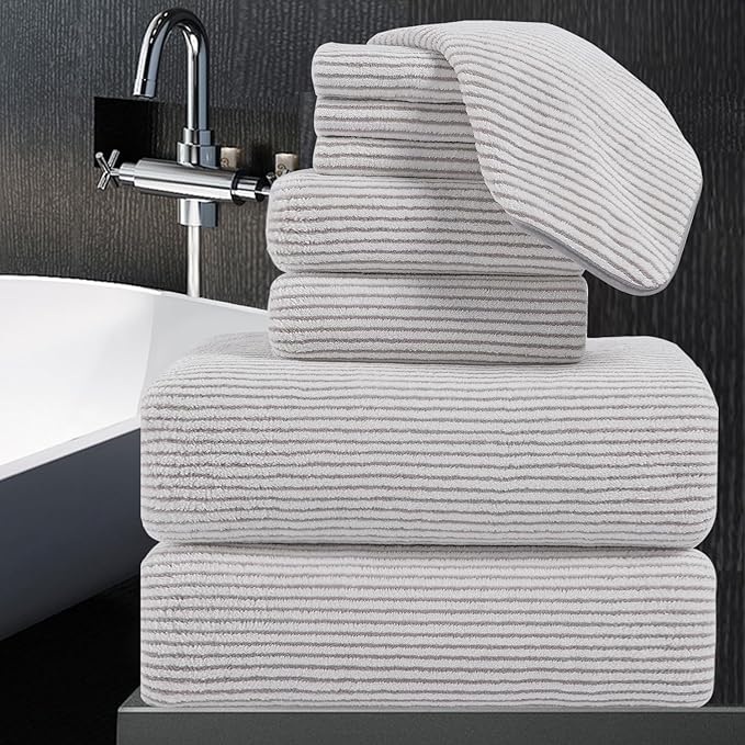 8-Piece Premium Towel Set for Bathroom|2 Oversized Large Bath Sheet,2 Hand Towels,4 Washcloths|Soft Cozy Highly Absorbent Fast Dry Microfiber Shower Towel Set for Hotel Bathroom Essentials,Beige White