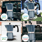 GROSCHE Milano Stovetop Espresso Maker Moka Pot 3 espresso Cup - 5 oz, Blue -Moka Espresso Coffee Maker Stove top coffee maker Moka Italian espresso greca coffee maker brewer percolator