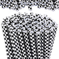 Domensi 100 Pcs Black and White Checkered Racing Straws Plastic Disposable Drinking Straws Hard Plastic Reusable Striped Flag Party Supplies for Race Car Sports Themed Birthday Decoration