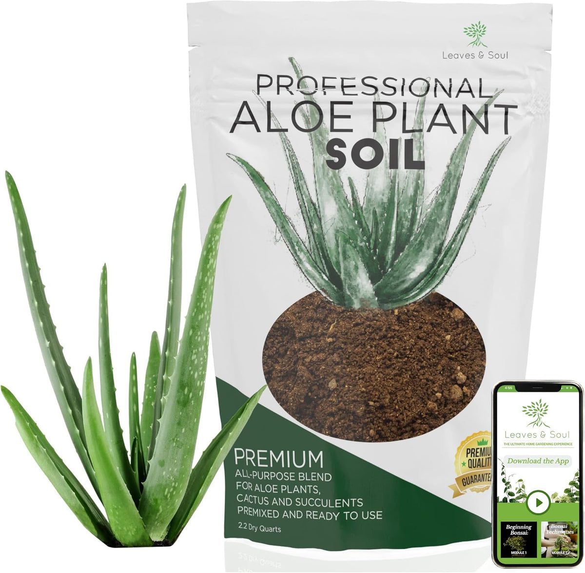 Professional Aloe Plant Soil | Premium All Purpose Blend | Large 2.2 Quarts | Ready to Use for Aloe, Cactus, Succulent Plants | Pinebark, Peat, Course Sand | Made in USA