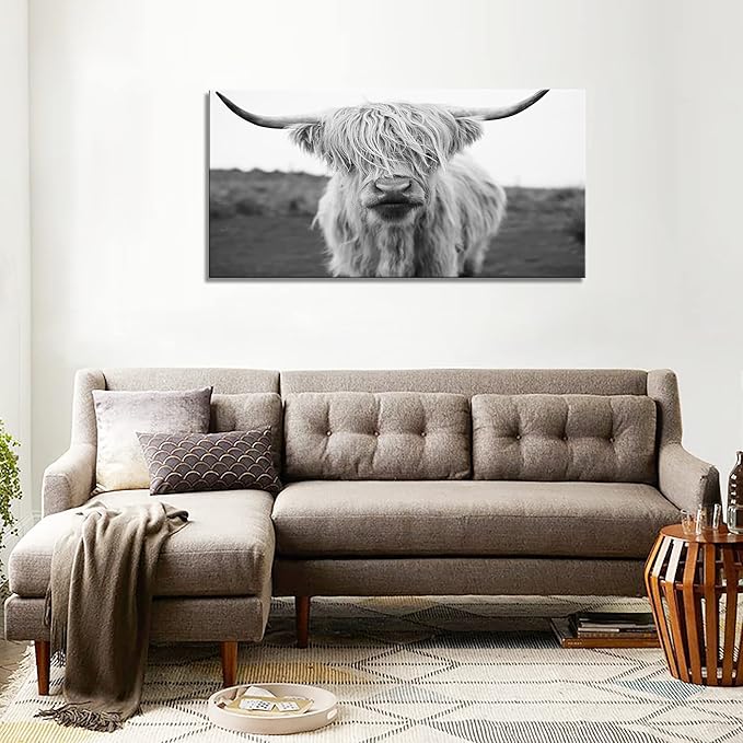 XXMWallArt FC3650 Highland Cow Canvas Art - Black and White Animal Wall Art for Living Room, Bedroom, Office Decor
