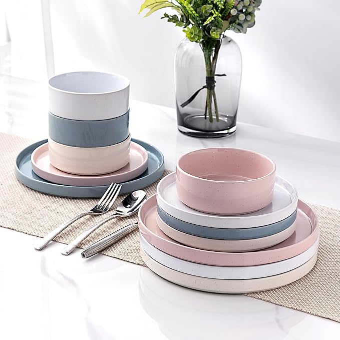 GBHOME Dinnerware Set for 4, 12 Piece Speckled Plates and Bowls Set with Glazed Bottom, Chip & Scratch Resistant Stoneware Plates Sets, Dishwasher & Microwave Safe Dishes (Mutil-Color, Service for 4)