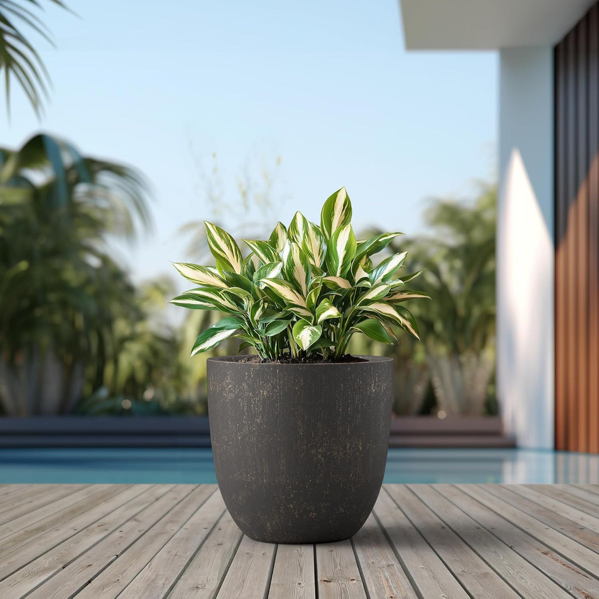 Kante 18 Inch Dia Round Concrete Planter, Indoor Outdoor Large Plant Pot with Drainage Hole and Rubber Plug for Home Patio Garden, Oil Rubbed Bronze