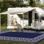 GENIMO Outdoor Rug Waterproof Area 10'x14' for Patio, Foldable Reversible Plastic Straw Carpet for Travel Trailers, Outside Mat for Rv, Deck, Picnic, Porch, Camper, Balcony, Beach, Blue & White