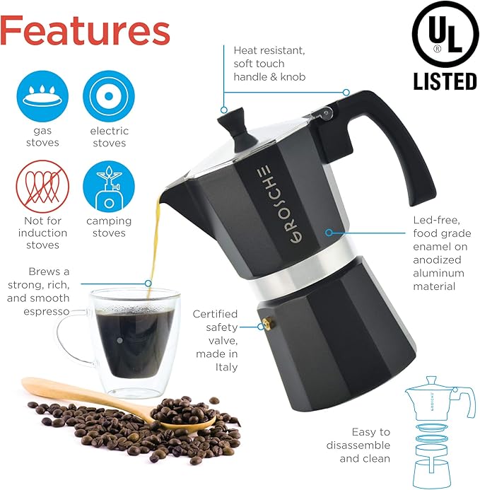 GROSCHE Milano Stovetop Espresso Maker Moka Pot 3 espresso Cup - 5 oz, Black - Cuban Coffee Maker Stove top coffee maker Moka Italian espresso greca coffee maker brewer percolator