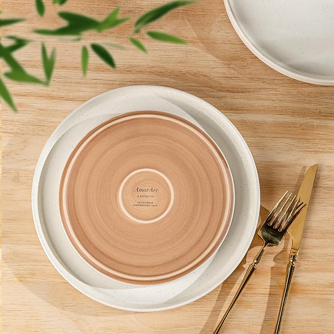 AmorArc Ceramic Dinnerware Set for 8 | Speckled Stoneware Plates and Bowls with Rustic Terracotta Underside| Scratch Resistant,Dishwasher & Microwave Safe Dishes Sets- 24pcs Beige