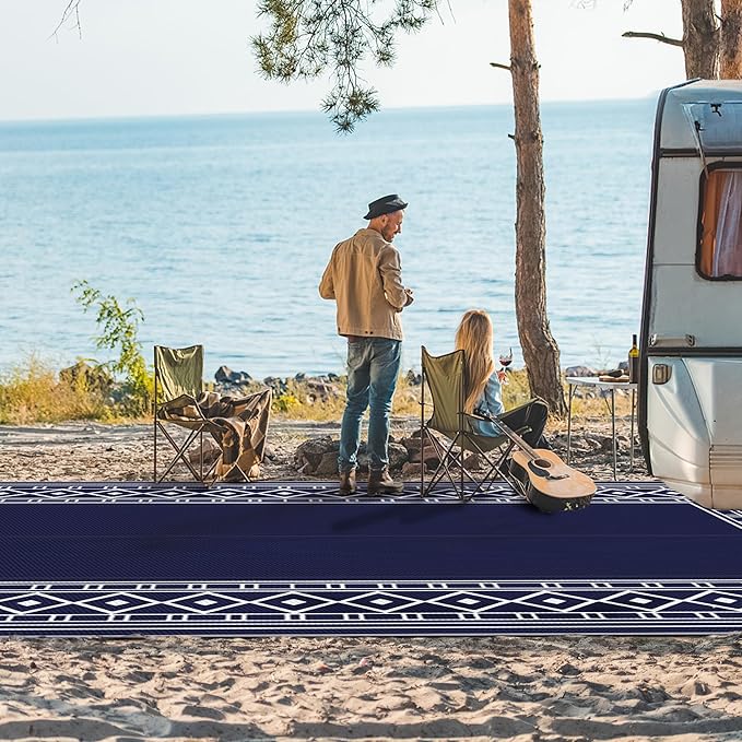 GENIMO Outdoor Rug Waterproof Area 10'x14' for Patio, Foldable Reversible Plastic Straw Carpet for Travel Trailers, Outside Mat for Rv, Deck, Picnic, Porch, Camper, Balcony, Beach, Blue & White