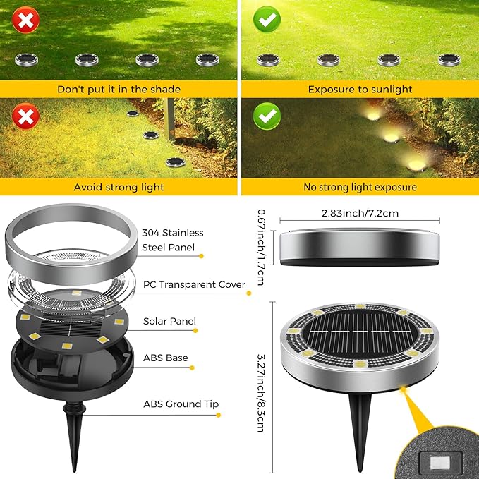30 Pack Solar Ground Lights Outdoor, 8 LED Mini Flat Solar Disk Lights, IP65 Waterproof Anti-Rust Disc Light, Landscape Lighting for Garden Pathway Yard Walkway Driveway Lawn,Warm White