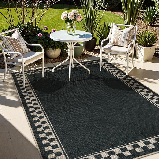 OJIA Easy Jute 5x7 Area Rugs, Washable Outdoor Patio Rug for Living Room Checkered Border Indoor Outdoor Rugs Farmhouse Non-Slip Black Carpet Geometric Rug for Backyard Entryway Dining Room