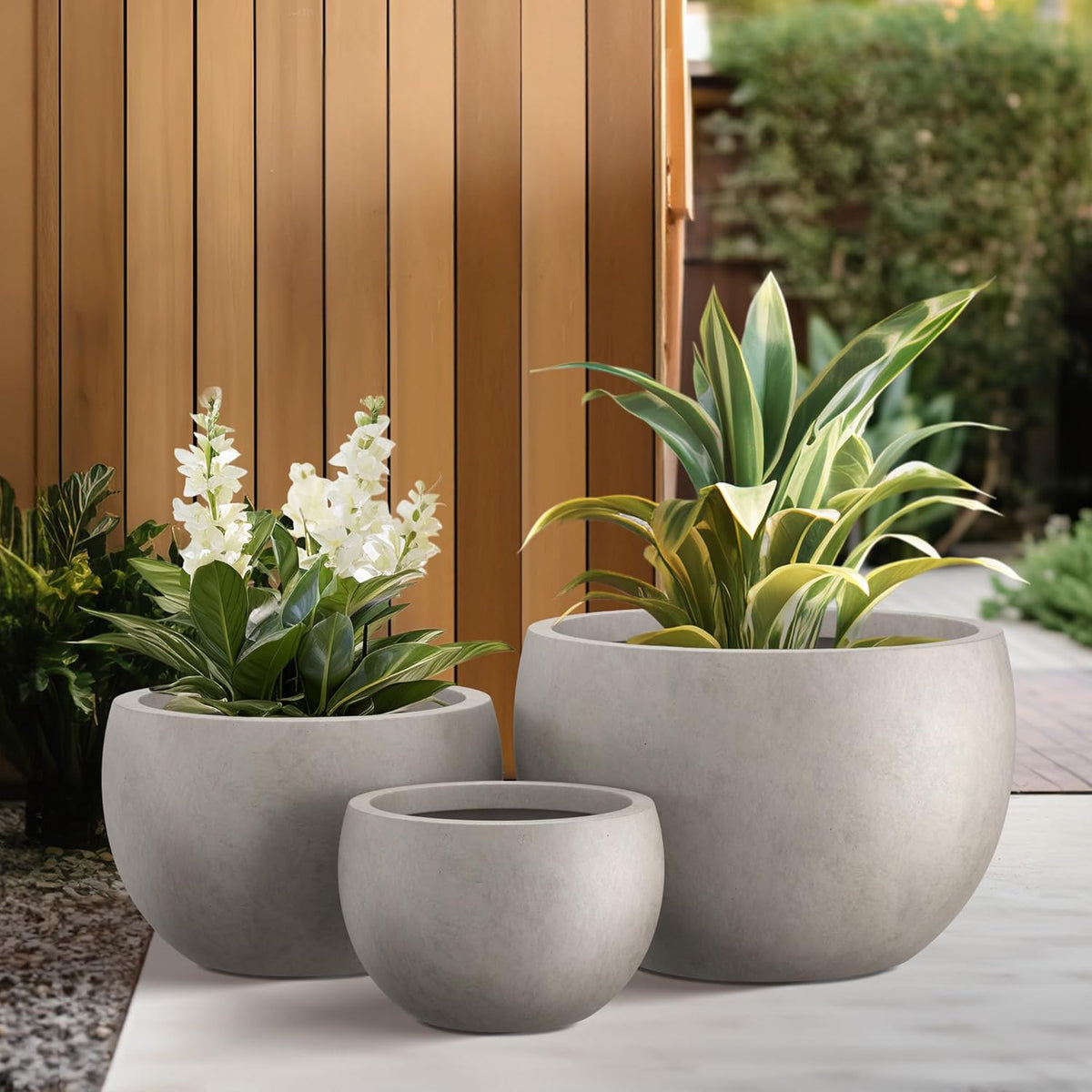 Kante 19.9",15.7",11.8" Dia Round Concrete Planter Set of 3, Outdoor/Indoor Large Bowl Plant Pots with Drainage Hole and Rubber Plug for Garden Patio Balcony Home, Weathered Concrete