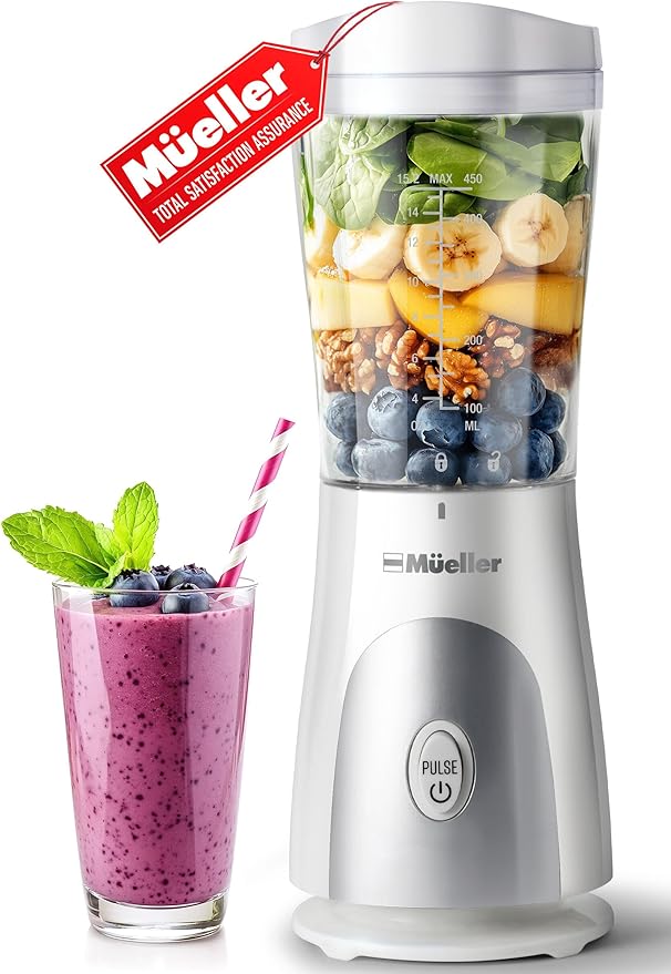 Mueller Smoothie Blender for Smoothies - Personal Blender for Shakes, Frozen Drinks, Baby Food & More, 15oz Travel Cup and Lid, Durable Stainless Steel Blades for Powerful Blending Performance, White
