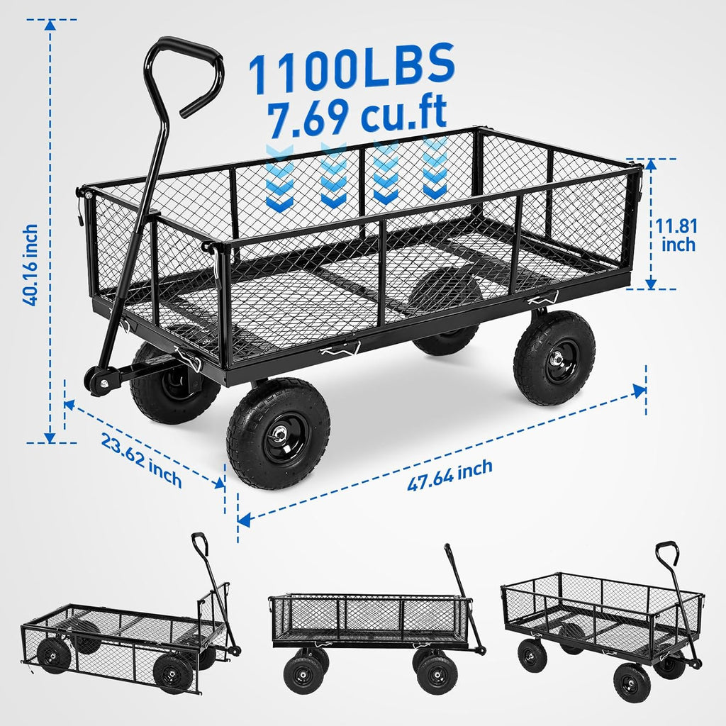 Yesker Steel Garden Carts - 1100lbs Dump Wagon with All Terrain Inflatable Wheels for Yard Lawn Farms Gardening - Heavy Duty Utility Outdoor Hauling Wheelbarrow