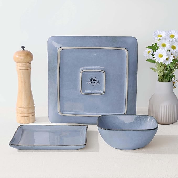 Herogo 12-Piece Square Stoneware Dinnerware Set for 4, Dinner Plates and Bowls Sets, Double Reactive Glaze Dishware Place Setting for Kitchen, Scratch Resistant, Microwave Safe, Haze Blue