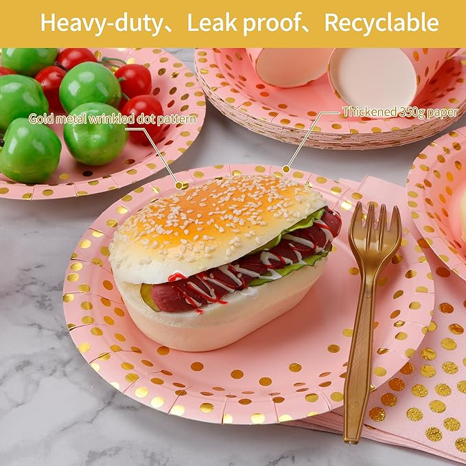 Sveikie160 Pcs Pink And Gold Paper Plates, Birthday Cake Party Plates And Napkins, Wedding Disposable Utensils For Birthday Graduation Wedding And Holiday Celebrations Serves 40 (Pink)