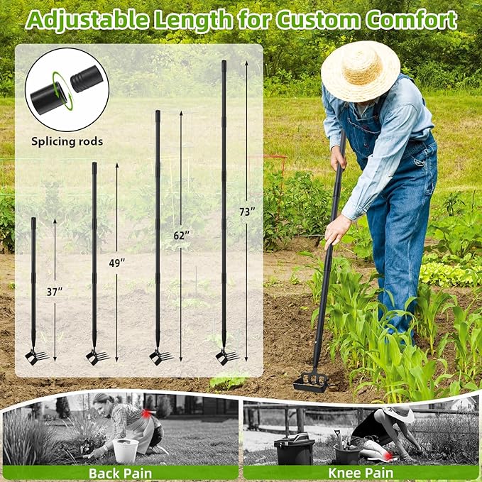 Weeding Hoe Garden Tool, 2 in 1 Stirrup Hoe and Cultivator with 73 inch Adjustable Long Handle, Heavy Duty Metal Garden Action Scuffle Hoes for Efficient Weeding Soil Aeration Small Weeder Tool