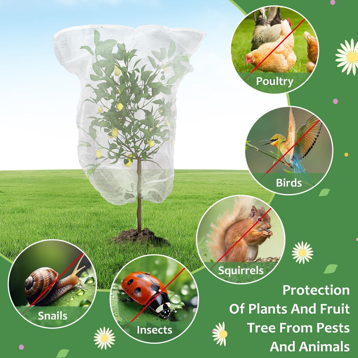 4PCS Netting for Garden Protection, BlueberryBush Netting Cover Insect Bird Barrier Mesh, TomatoProtective Cover with Drawstring Garden MeshNetting for Vegetables, Fruits, Trees, 2.7Ft x3.3Ft