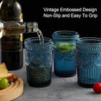Vintage Glassware Drinking Glasses Set of 6,13 oz Blue Textured Flower Design Glass Water Tumblers，Embossed Striped Drinkware for Water,Cocktails,Juice,Iced Coffee