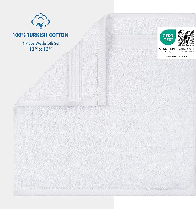Cotton Paradise 100% Cotton Turkish Washcloth Set for Bathroom, 4 Piece Soft Absorbent Small Hand Face Towels Wash Rags, White