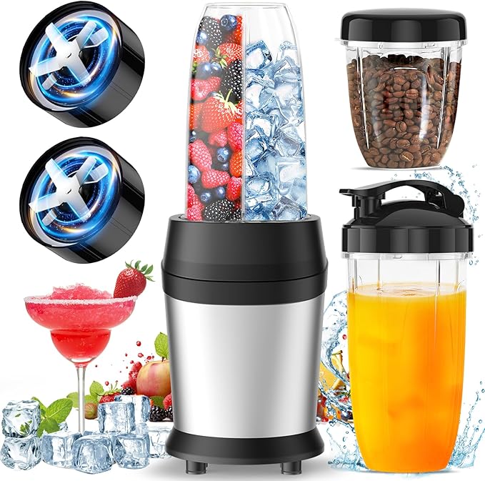 12-Piece Smoothie Blender Maker 25,000 RPM Personal Blender for Ice Crushing Smoothies & Frozen Drinks Nuts with 23oz, 32oz, 37oz Portable Cups Two 6-Leaf Stainless Steel Blades, Silver