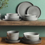 Gibson Elite Pasco 16 Piece (Service for 4) Plates and Bowls Double Bowl Reactive Glaze Dishes Stoneware Ceramic Dinnerware Set - Grey