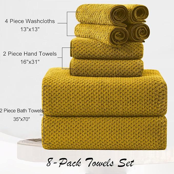 8 Piece Large Yellow Family Bath Towel Set-2 Oversized Bath Towel Sheets,2 Hand Towels,4 Washcloths-600GSM Soft Highly Absorbent Quick Dry Beach Chair Towels Woven Towels for Bathroom Hotel and Spa