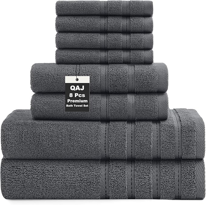 8-Piece Bath Towels Set, 100% Cotton Thick Soft Highly Absorbent Durable, Quick Dry, Bathroom Towels Set (2 Bath Towels, 2 Hand Towels, 4 Washcloths) - Perfect for Daily Use
