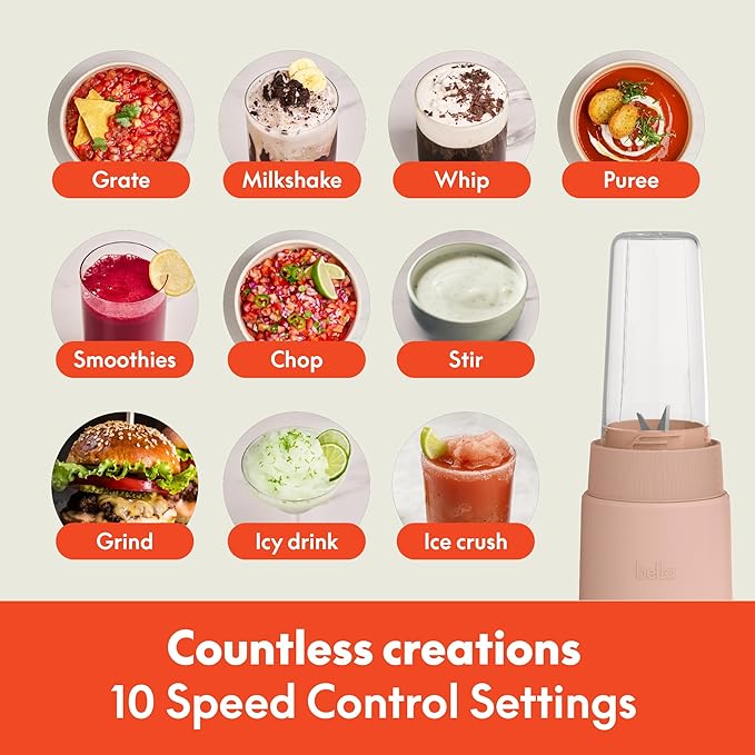 bella 6 Pcs Portable Rocket Blender, Juicer & Smoothie Maker, Press & Twist Design, EverGood™ & BPA Free Dishwasher Safe Parts, 4 Tip Stainless Steel Blade, Cord Wrap, 240 Watt Motor, Blossom