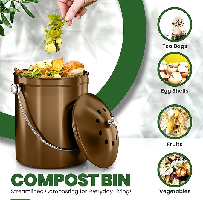 Utopia Kitchen Compost Bin for Kitchen Countertop, 1.3 Gallon Compost Bucket for Kitchen with Lid, Includes 1 Spare Charcoal Filter (Bronze)