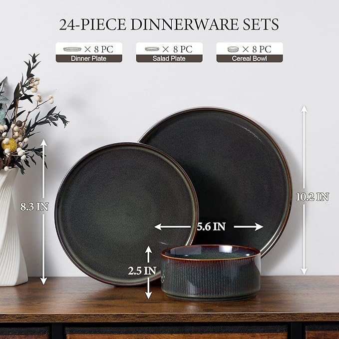 E-far 24-Piece Stoneware Dinnerware Sets, Plates and Bowls Sets for 8, Kitchen Modern Dinning Porcelain Dishes Set, Chip & Scratch Resistant, Dishwasher & Microwave Safe, Blackish Green