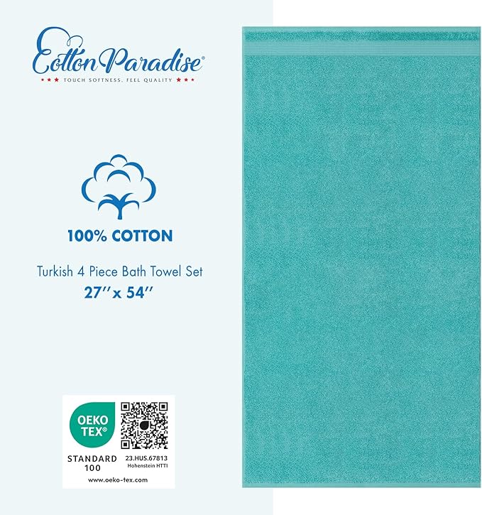 Cotton Paradise 4 Piece Turkish Bath Towels for Bathroom, 100% Cotton Extra Large Soft Plush Towels Bathroom Set, Turquoise