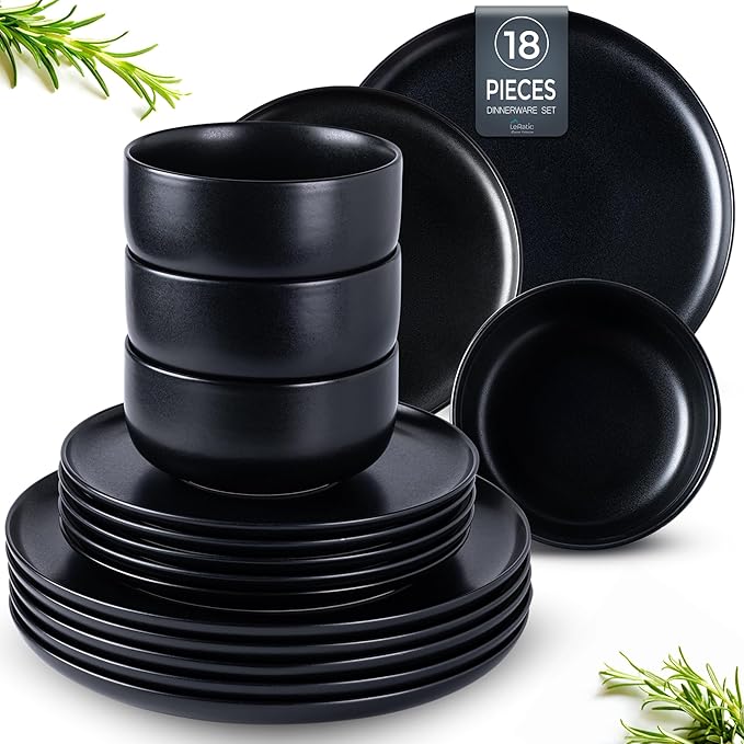 LERATIO Stoneware Dinnerware Sets for 6,Handcarft Ceramic Plates and Bowls Sets,Chip and Scratch Resistant Dishes, Dishwasher & Microwave Safe, Oven safe,Reactive Glaze-Black