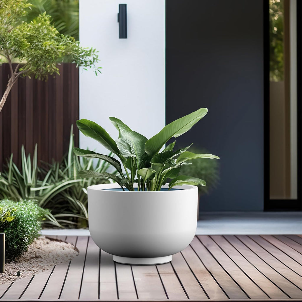 Kante 17.7 Inch Dia Concrete Bowl Planter, Large Tapered Bottom Plant Pot with Drainage, Smooth White Finish with Aqua Blue Interior, Ideal for Porch, Home, Garden, Patio