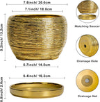 SQOWL Ceramic Flower Pot - 8 Inch Plant Pot Indoor Outdoor, Round Planter with Drainage Hole and Saucer, Decorative Modern Planter, Home Decor, Plant Lovers Gifts, Gold