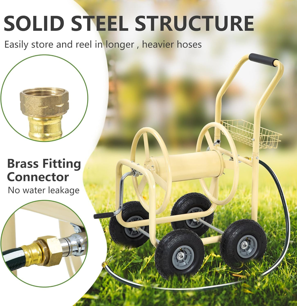 Hose Reel Hold Up To 300 Ft Heavy Duty Garden Hose Reel Sturdy Water Hose Reel Cart with 4 Wheels Storage Basket for Garden Lawn Yard Outdoor (Tan)