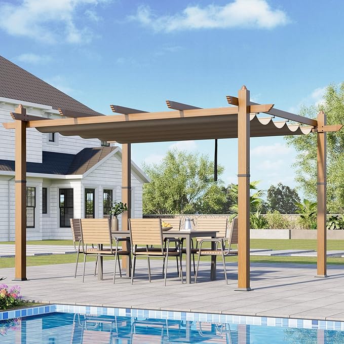10x13 Ft Outdoor Retractable Pergola with Adjustable Roof Modern Metal Patio Gazebo, Upgraded Faux Wood Grain Aluminum Pergola for Deck, Backyard Gardens, Porches, Grapevines, Grey