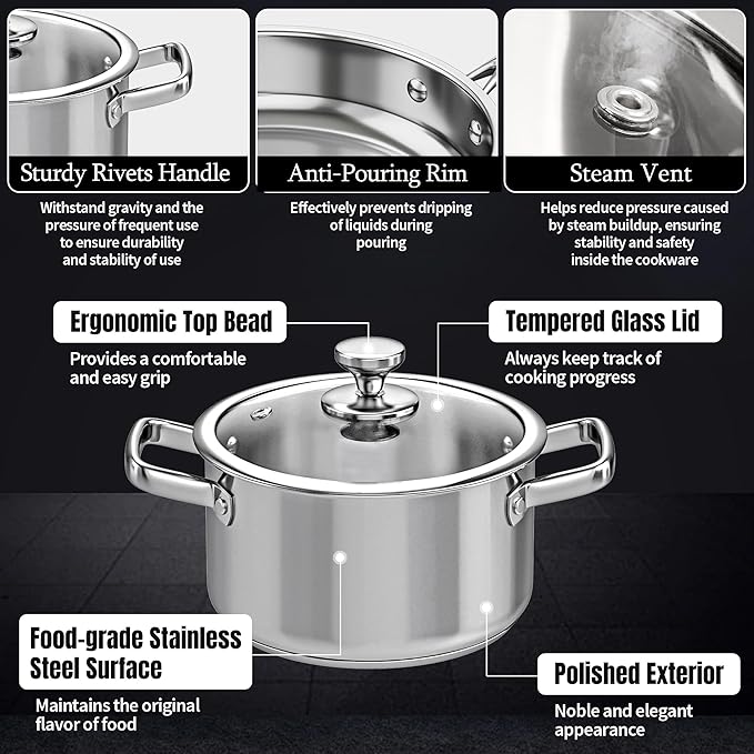 Stainless Steel Cookware Set, 16-Piece Pots and Pans Set Non Toxic, Kitchen Induction Cookware with Glass Lids, Steamer, Utensil Sets, Pot Protectors & Apron, Oven & Dishwasher Safe, Silver