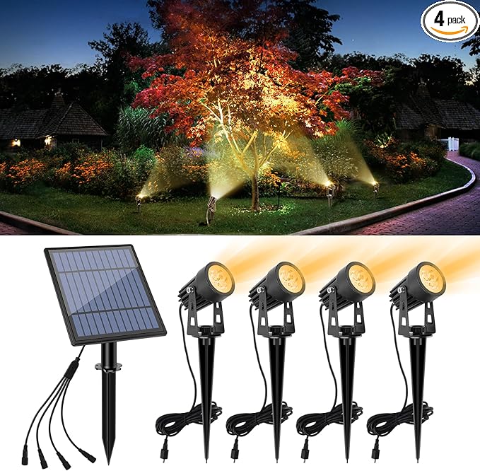 APONUO Metal Solar Spot Lights Outdoor with 9.8ft Cable Solar Powered Landscape Lighting Low Voltage IP65 Waterproof Auto On/Off for Outside Garden Yard Landscape Pathway Garage-Warm White(4-in-1)