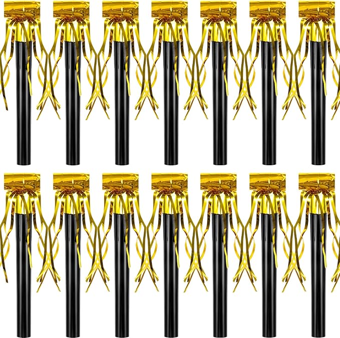 Skylety 18 Pcs Party Blower Noisemakers Party Squawkers Blowouts Whistles Fringed Noise Maker Musical Blowouts for Birthday Supplies(Black and Gold)