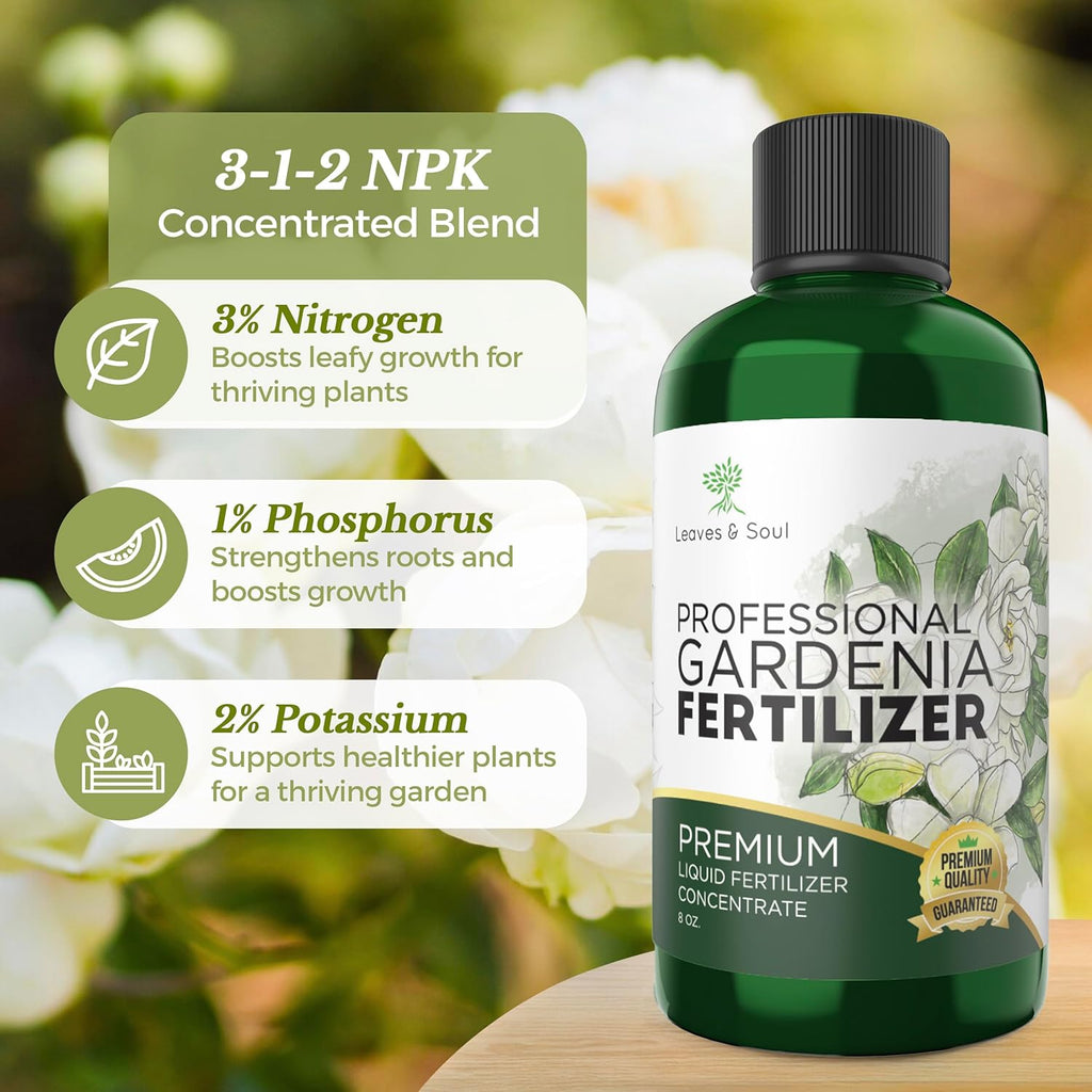 Professional Liquid Gardenia Plant Fertilizer | 3-1-2 Concentrate for Flowering Plants | Multi-Purpose Blend & Gardening Supplies | 8 oz Bottle