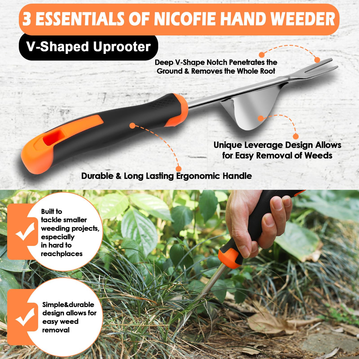 Nicofie 2026 Hand Weeder Tool, Rubber Handle Manual Weeder Puller Tool, Uprooting Weeding Tools, Crack Weeder Crevice, 4 Teeth Weeding Tool, Weeding Artifact Tool for Gardening(3 Pcs)