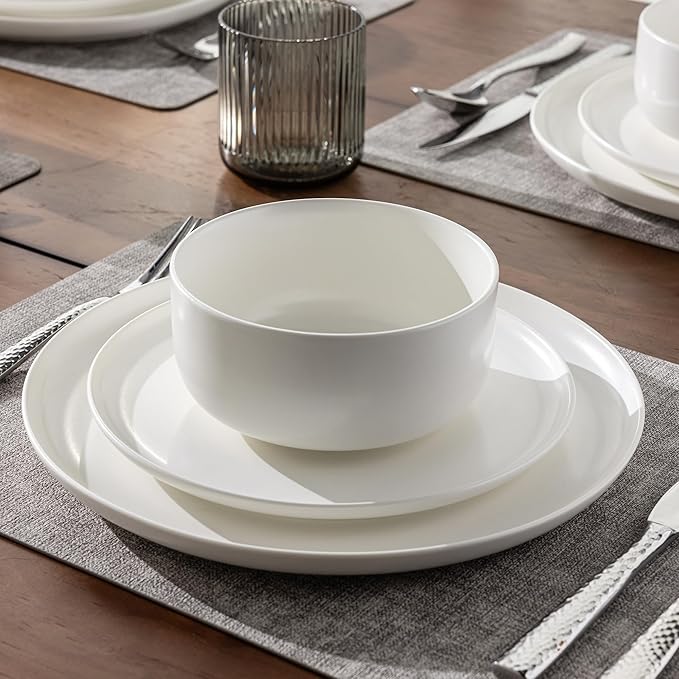 LERATIO Stoneware Dinnerware Sets for 4,Handcarft Ceramic Plates and Bowls Sets,Chip and Scratch Resistant Dishes, Dishwasher & Microwave Safe, Oven safe,Reactive Glaze-White