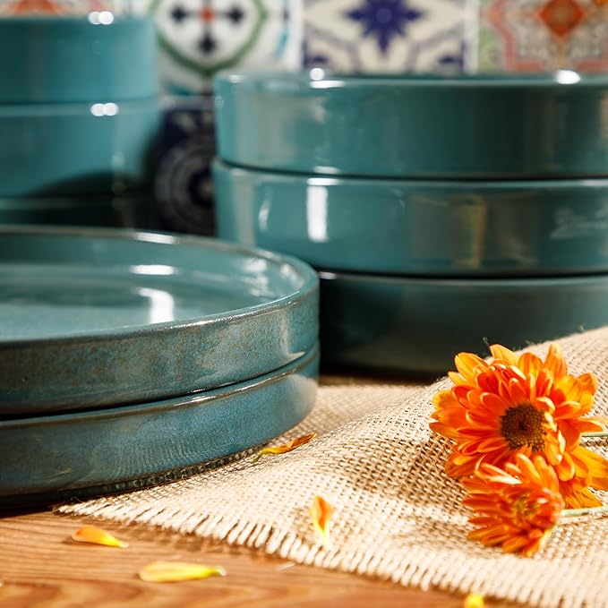 Bloomhouse Santorini Mist Double Bowl Terracotta Reactive Glaze Plates and Bowls Dinnerware Set - Jade Blue Green, Service for Four (16pcs)