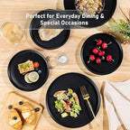 GBhome Ceramic Dinnerware Sets for 6, Matte Stoneware Plates and Bowls Sets,Chip and Scratch Resistant Dishes, Dishwasher & Microwave Safe, Oven safe,Reactive Glaze-Black