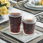 12pcs Vintage Drinking Glasses Set, 12 oz Highball Glasses & 9 oz Embossed Ribbed Glassware Cups for Cocktail, Water, Juice, Coffee, Whiskey (Clear)