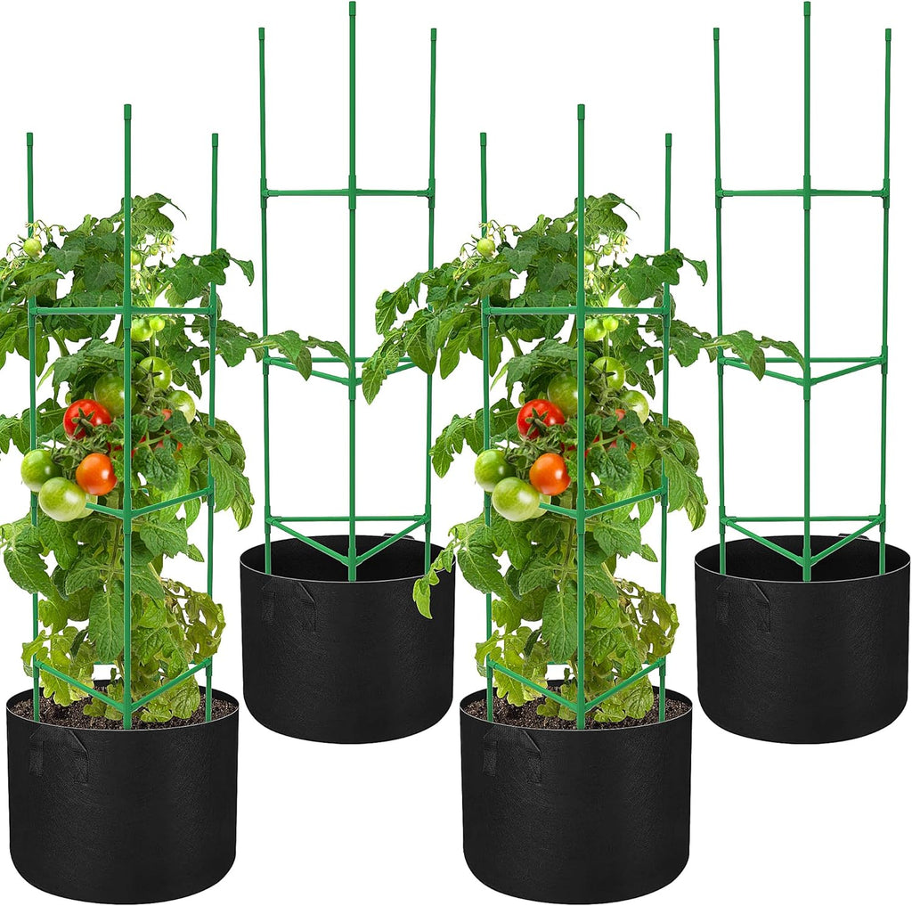 4 Packs 47 x 12 Inch Garden Tomato Cages with Grow Bags- Triangle Plant Support Trellis Assembled with Planter Bags- Garden Cucumber Vegetables Frames for Vertical Climbing Plants